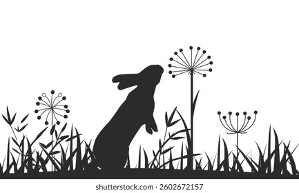 Easter seamless pattern, background with bunny and dandelions. Hand drawn easter horizontal background with rabbit, flowers and grass. Vector illustration