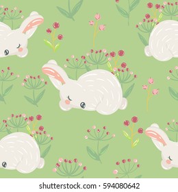 Easter seamless pattern. Background with bunny,rabbit,flowers,foliage. Stock vector illustration	
