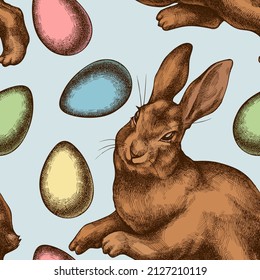 Easter seamless pattern background design. Engraved style. Hand drawn eggs, rabbit.