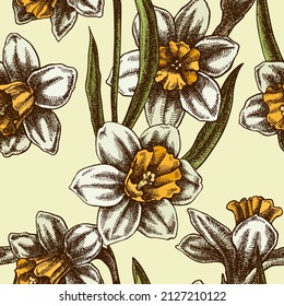 Easter seamless pattern background design. Engraved style. Hand drawn daffodils.