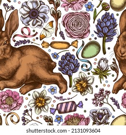 Easter seamless pattern background design. Engraved style. Hand drawn rabbit, eggs, willow branches, etc.