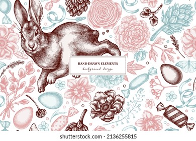 Easter seamless pattern background design. Engraved style. Hand drawn rabbit, eggs, willow branches, candies, shepherd's purse, heather, great orange-tip, anemone, lavender, viburnum, ranunculus