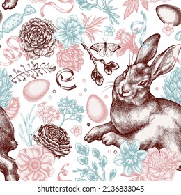 Easter seamless pattern background design. Engraved style. Hand drawn rabbit, eggs, willow branches, etc.