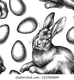 Easter seamless pattern background design. Engraved style. Hand drawn eggs, rabbit.