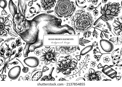 Easter seamless pattern background design. Engraved style. Hand drawn rabbit, eggs, willow branches, etc.