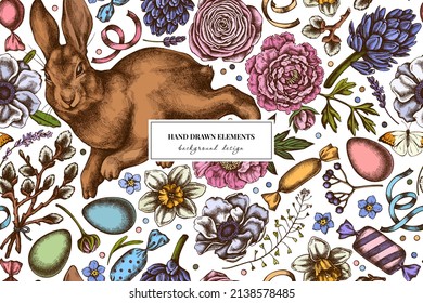 Easter seamless pattern background design. Engraved style. Hand drawn rabbit, eggs, willow branches, etc.