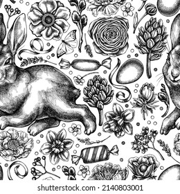Easter seamless pattern background design. Engraved style. Hand drawn rabbit, eggs, willow branches, etc.