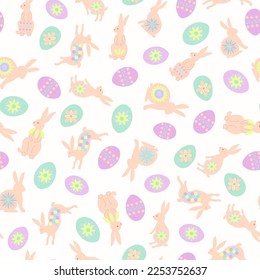 Easter seamless pattern, background, spring, cute hares, colorful eggs, pastel color. Hand drawn. Vector