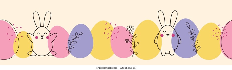 Easter seamless pattern for a banner, poster, textiles, wallpapers. Vector design in a modern style with eggs and Easter bunnies. Horizontal banner