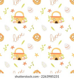 Easter seamless pattern with basket and eggs. Cute vector illustration for backgrounds, wallpaper, textile design and other. 