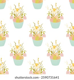 Easter Seamless pattern, basket with eggs and flowers