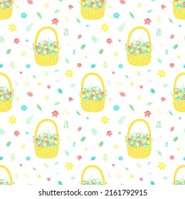 Easter seamless pattern with basket of flowers and bouquet on a transparent background. Vector hand-drawn illustration for spring holiday, print, wrapping paper, scrapbook, textile, gift, children