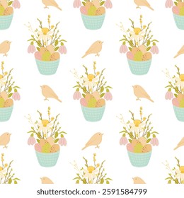 Easter seamless pattern, pattern with basket full of eggs and flowers, bird