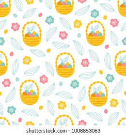 Easter seamless pattern with basket, leaves, eggs and flowers. Perfect for wallpaper, gift paper, web page background, spring greeting cards