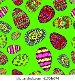 Easter seamless pattern with beautiful colorful painted hand-painted eggs on a green background. Suitable for packing, wrappers, textiles