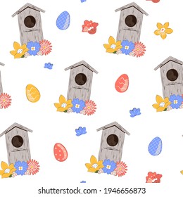 Easter seamless pattern of birdhouse with eggs in vintage style. Wrapping paper. Vector illustration