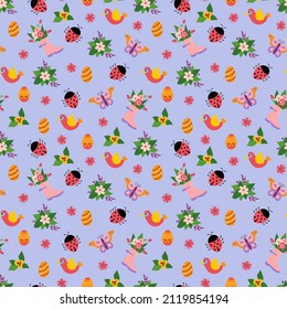 Easter seamless pattern. Birds, butterflies, ladybugs, Easter eggs, rubbere boots. Design for fabric, textile, wallpaper, packaging.