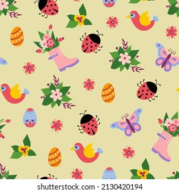 Easter seamless pattern. Birds, butterflies, ladybugs, Easter eggs, rubbere boots. Design for fabric, textile, wallpaper, packaging.	
