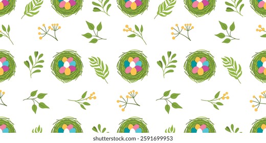 Easter seamless pattern with birds nest and eggs. Spring background with botanical twig. Green, yellow, pink, blue colors on white. Print on fabric and paper. Vector design for textile, wallpaper.