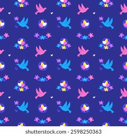 Easter seamless pattern with birds and nest full of colorful eggs on dark blue background, Vector illustration in modern flat style, Great for Easter design, wrapping paper, fabric, textiles, wallpape