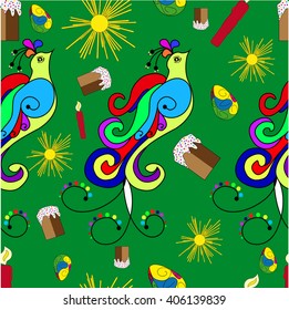 easter seamless pattern with birds on green background