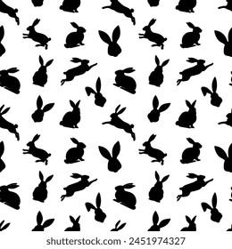 Easter seamless pattern of black rabbit silhouettes in different actions. Festive Easter bunnies design. Isolated on white backdrop. For Easter decoration, wrapping paper, greeting, textile, print