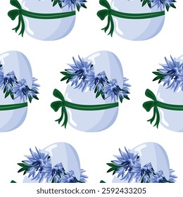 Easter seamless pattern with blue Easter egg and blue cornflowers with green ribbon, for poster, banner or packaging