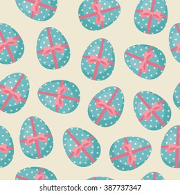 Easter seamless pattern with blue Easter egg tied with pink ribbon. Vector illustration. Pattern can be used for wallpapers, website backgrounds, surface textures, textiles, Easter cards