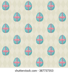 Easter seamless pattern with blue Easter egg tied with pink ribbon. Vector illustration. Pattern can be used for wallpapers, website backgrounds, surface textures, textiles, Easter cards