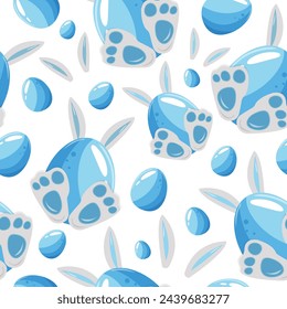 Easter seamless pattern with blue eggs with rabbit ears and paws, for posters, banners or holiday cards	