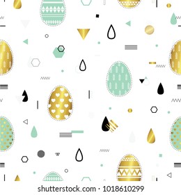 Easter. Seamless pattern with blue and golden  easter eggs. Holiday. Delicate cute texture. All elements are  hidden under mask. 