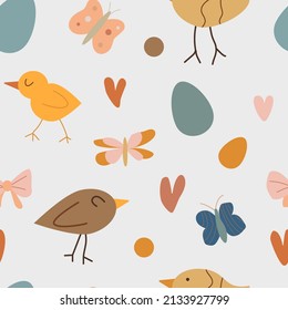 Easter seamless pattern. Bohemian style with chicken and bird. Springtime. Religion holiday with colorful eggs. Vector stock illustration