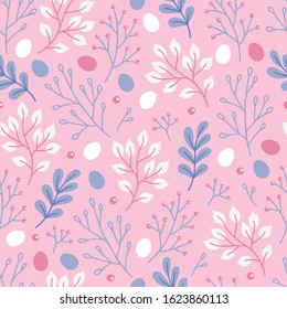 Easter seamless pattern with branches, berries, eggs and leaves. Scandinavian style. Perfect for wallpaper, gift paper, web page background, spring greeting cards