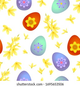 Patrón transparente de Pascua. Huevos brillantes de Pascua y flores amarillas de Forsythia sobre fondo blanco. Ilustración vectorial.