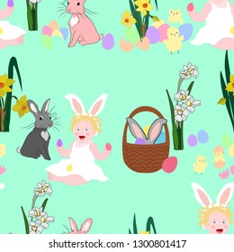 Easter seamless pattern with bunnies, baby girl, easter eggs, chicken and flowers