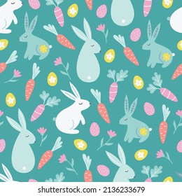 Easter seamless pattern with bunnies, carrots, flowers, eggs on green background. Perfect for spring and summer greetings, wallpaper, wrapping paper, fabric. Vector illustration