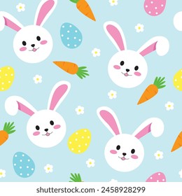 Easter seamless pattern with bunnies, carrots, flowers, easter eggs, flowers, beautiful blue background. Suitable for Easter cards, banner, textiles, wallpapers. Vector illustration.