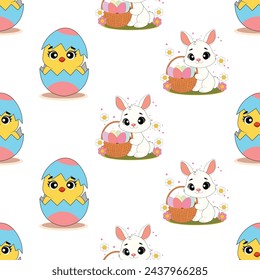Patrón sin costuras de Pascua con conejos y pollos