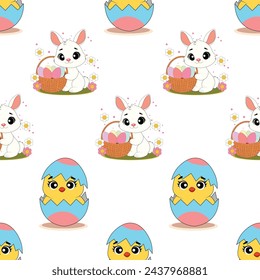 Easter seamless pattern with bunnies and chickens
