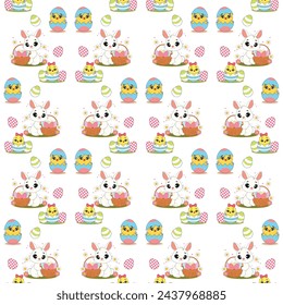 Easter seamless pattern with bunnies and chickens