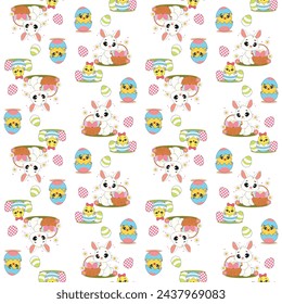 Easter seamless pattern with bunnies and chickens