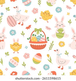 Easter seamless pattern with bunnies, chicks, painted eggs, basket with eggs, flowers, goose. Printing on textiles, wallpaper, wrapping paper. Vector illustration in flat style