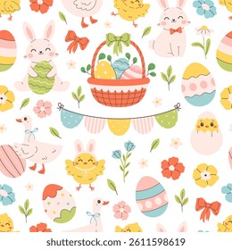 Easter seamless pattern with bunnies, chicks, painted eggs, basket with eggs, flowers, goose. Printing on textiles, wallpaper, wrapping paper. Vector illustration in flat style