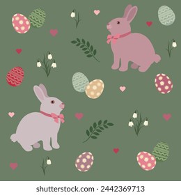 Easter seamless pattern with bunnies, colorful eggs and flowers. Vector illustration on green background. For Easter decor, banner, wrapping, textile.