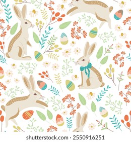 Patrón sin fisuras de Pascua con conejitos y huevos decorativos en prado de flores sobre fondo transparente. Precioso diseño de repetición dibujado a mano con huevos de doodle lindos, ideal para textiles, Anuncios, Fondo de pantalla, tarjeta