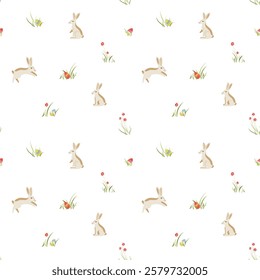 Easter seamless pattern with bunnies and decorative eggs in flower meadow on transparent background. Lovely hand drawn repeat design with cute doodle eggs, great for textiles, banners, wallpaper, card