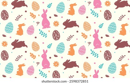 Easter seamless pattern with bunnies, doodles, flowers and eggs on pastel background. Vector illustration