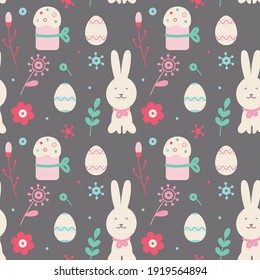 Easter seamless pattern with Easter bunnies, eggs, cakes and small details on a dark background. Suitable for Easter cards, wallpaper, paper, fabric, interior decor  and others