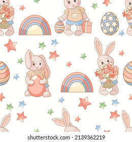 Easter seamless pattern with bunnies, eggs and rainbow. Vector boho illustration, in a flat style.