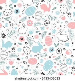 Easter Seamless Pattern with Easter bunnies, eggs, flowers, hearts, leaves. Happy Easter Abstract design. Vector illustration on white